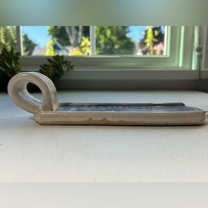 Handmade Butter Holder Art Studio Pottery Ceramic Tray Handle Blue White Signed